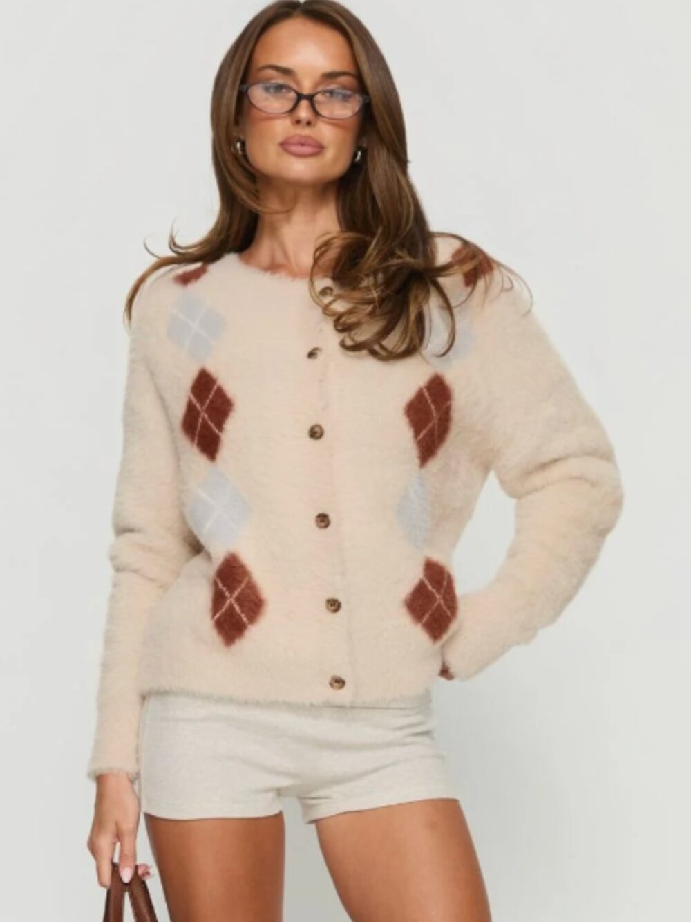 Princess Polly Nancey Argyle Knit Cardigan Cream Multi